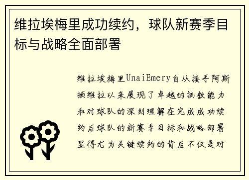 维拉埃梅里成功续约,球队新赛季目标与战略全面部署 维拉埃梅里成功续约,球队新赛季目标与战略全面部署